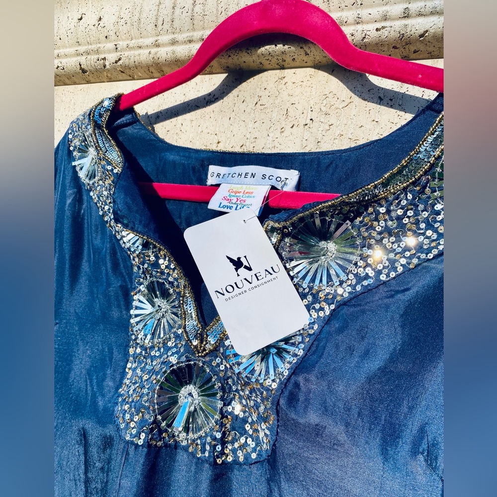 GRETCHEN SCOTT Silk Beaded Midi/Maxi Dress with Sash ✨ Starry Night Size M ✨ - Picture 9 of 16